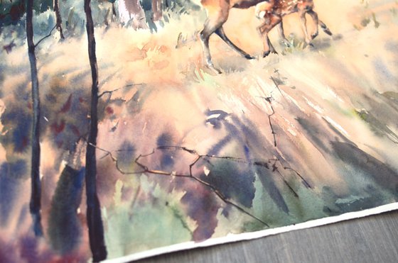 Deer in the forest, Watercolor animals painting