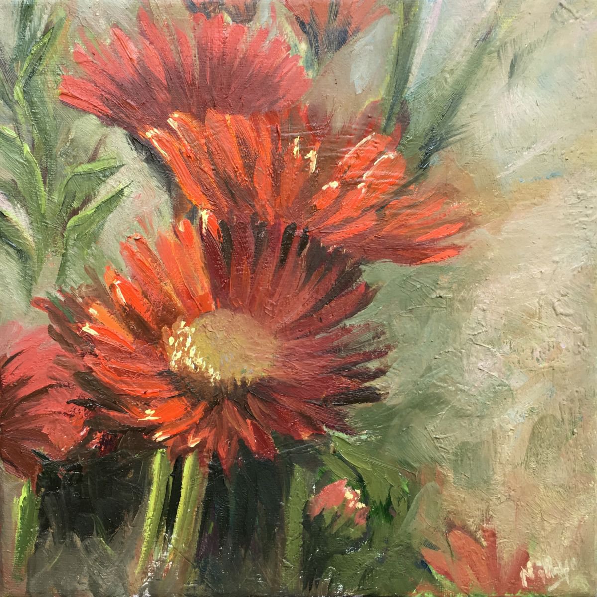 Spring Daisies - FRAMED Original Oil Painting of Red Flowers by Nithya Swaminathan