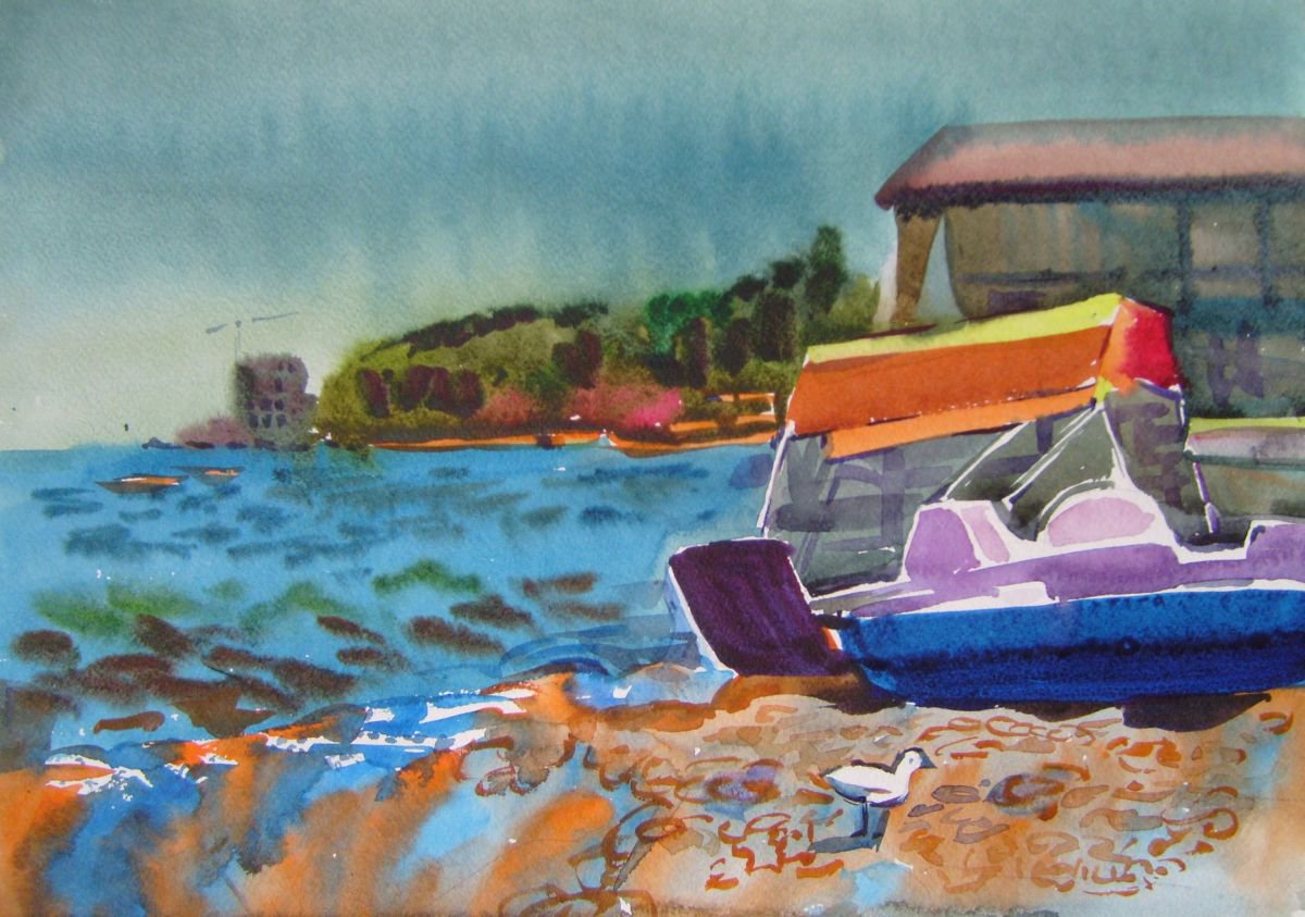 Boat, original watercolor painting 45x32 cm by Valentina Kachina