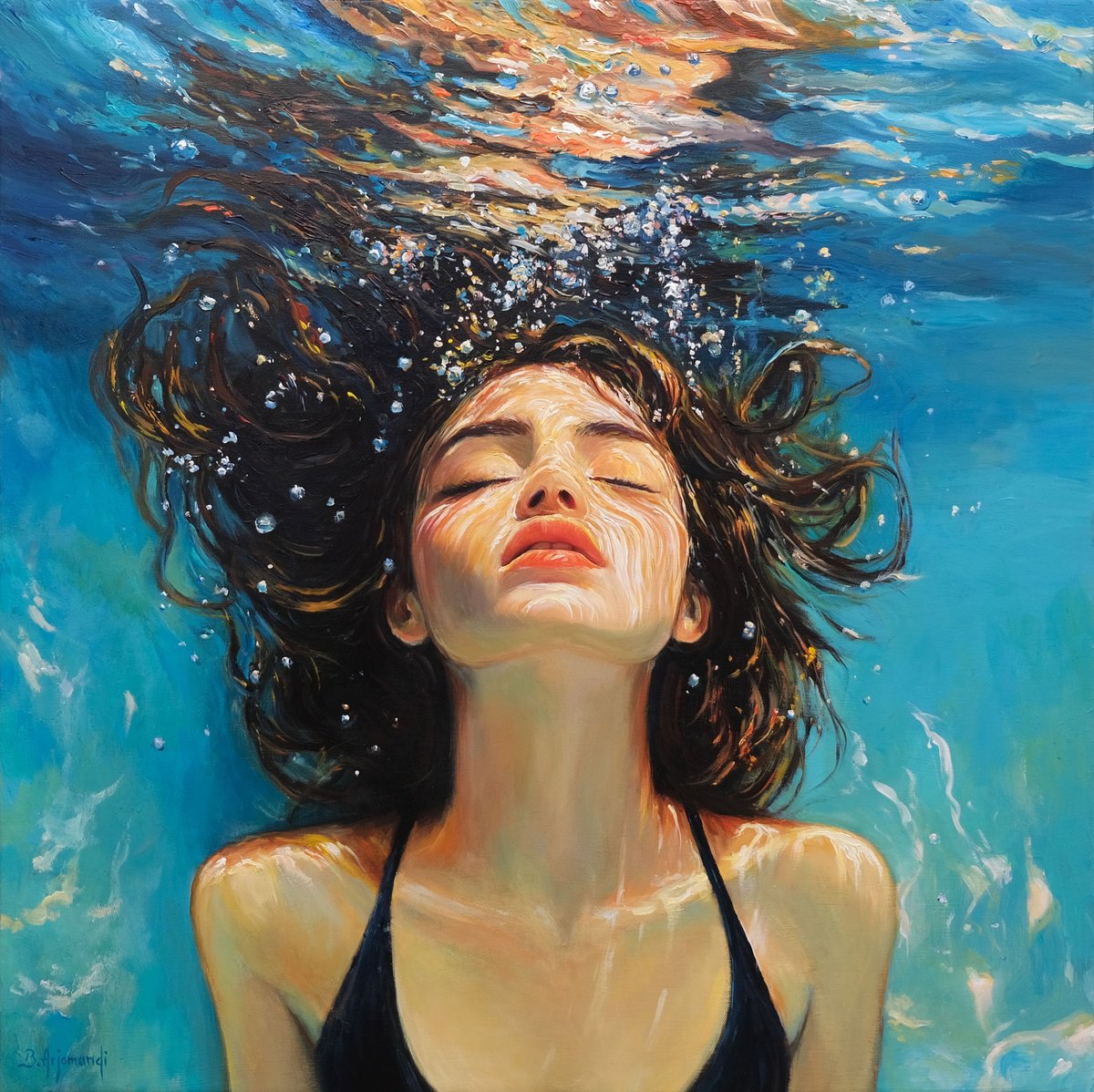 Photorealistic Portrait Oil Painting By Behshad Arjomandi, 28 X 28, Underwater Serenity, Original Artwork