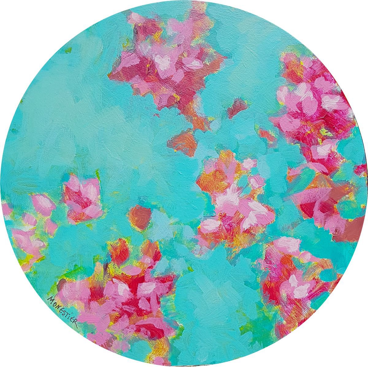 Approach of love, a floral poetry on round canvas by Fabienne Monestier