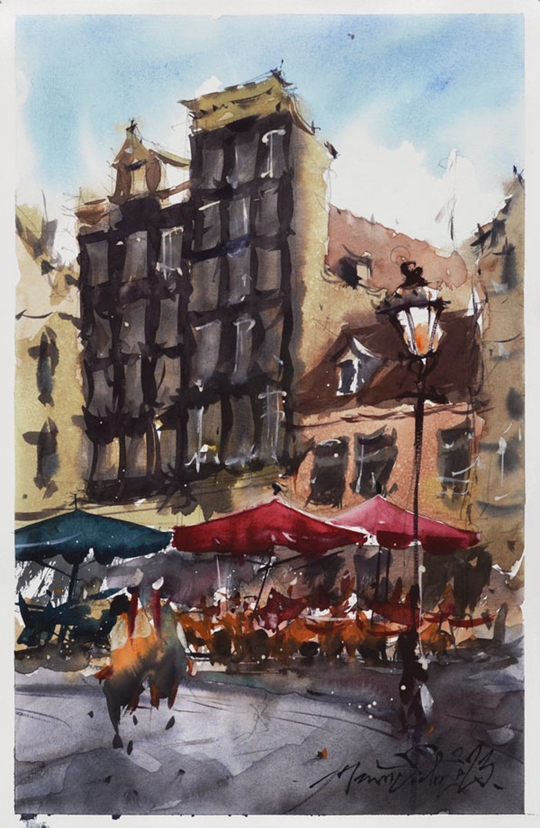 Impressionistic Cityscapes Watercolour By Marin Victor, 9 X 14", Amsterdam, Watercolor Painting, Original Artwork