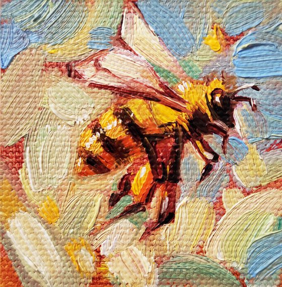 Bee decor for kitchen canvas painting original 2x2, Bee small painting pale yellow, Honey bee wall art