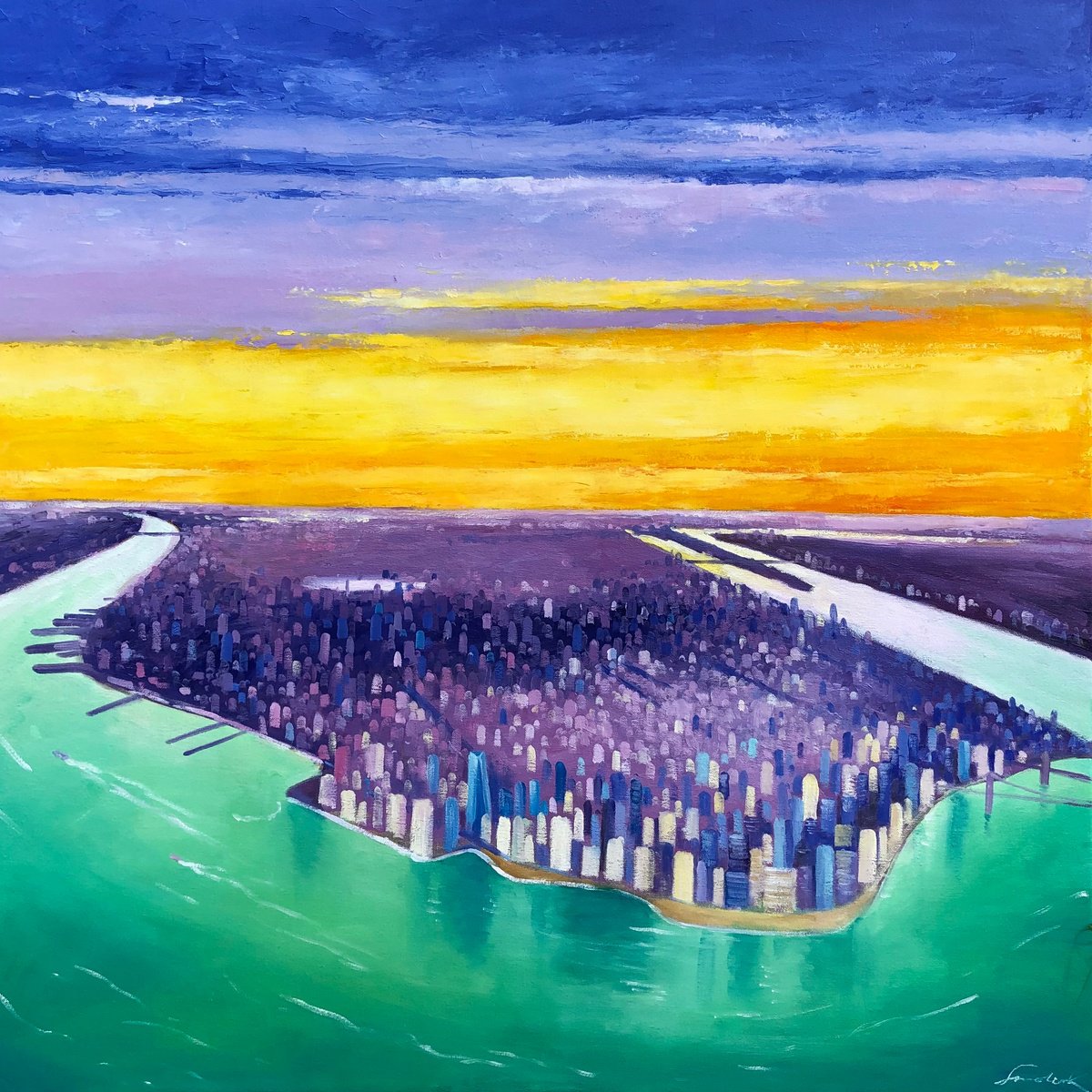 Impressionistic Cityscapes Oil Painting By Volodymyr Smoliak, 31 X 31", New York. Sunset, Original Artwork