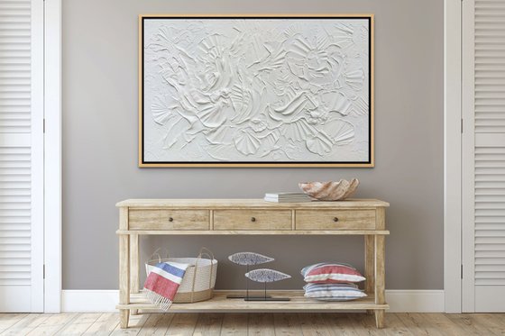 WHISPER. Abstract White Textured 3D Art, Coastal Painting