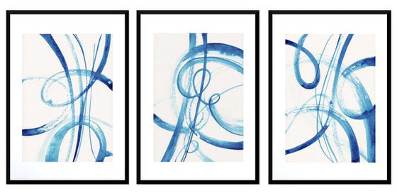 "Calligraphy In Blue" set of 3 Paintings, watercolor painting on paper, wall art, interior art, interior design, gift, food art.