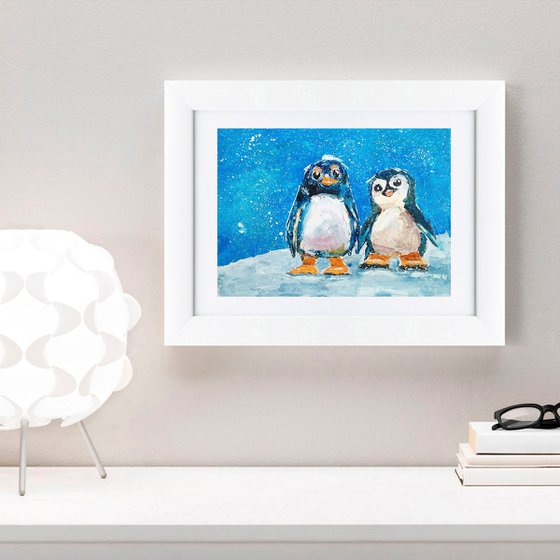 Penguin Couple Bird Small Artwork Snow Landscape