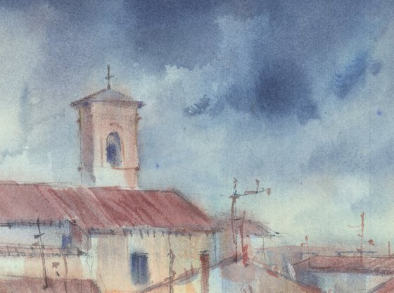 Fabriano. Before it started to rain. Watercolour by Marina Trushnikova. Cityscape. Architectural scenery