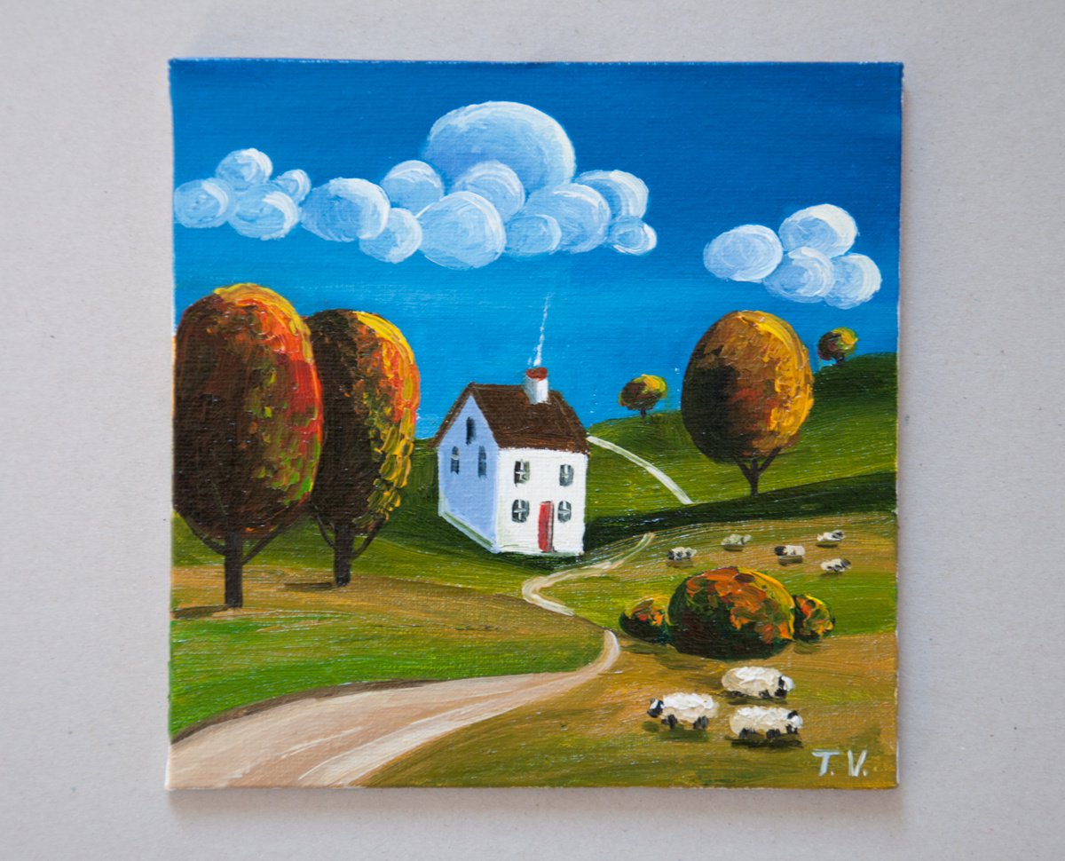 Rural landscape. Miniature. Oil painting. Small Art. 6 x 6in. by Tetiana Vysochynska