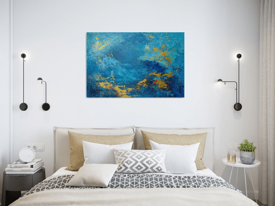 Large Abstract Painting. Blue, Turquoise, Gold Contemporary Abstract Seascape Painting # 810-29. Modern Textured Art