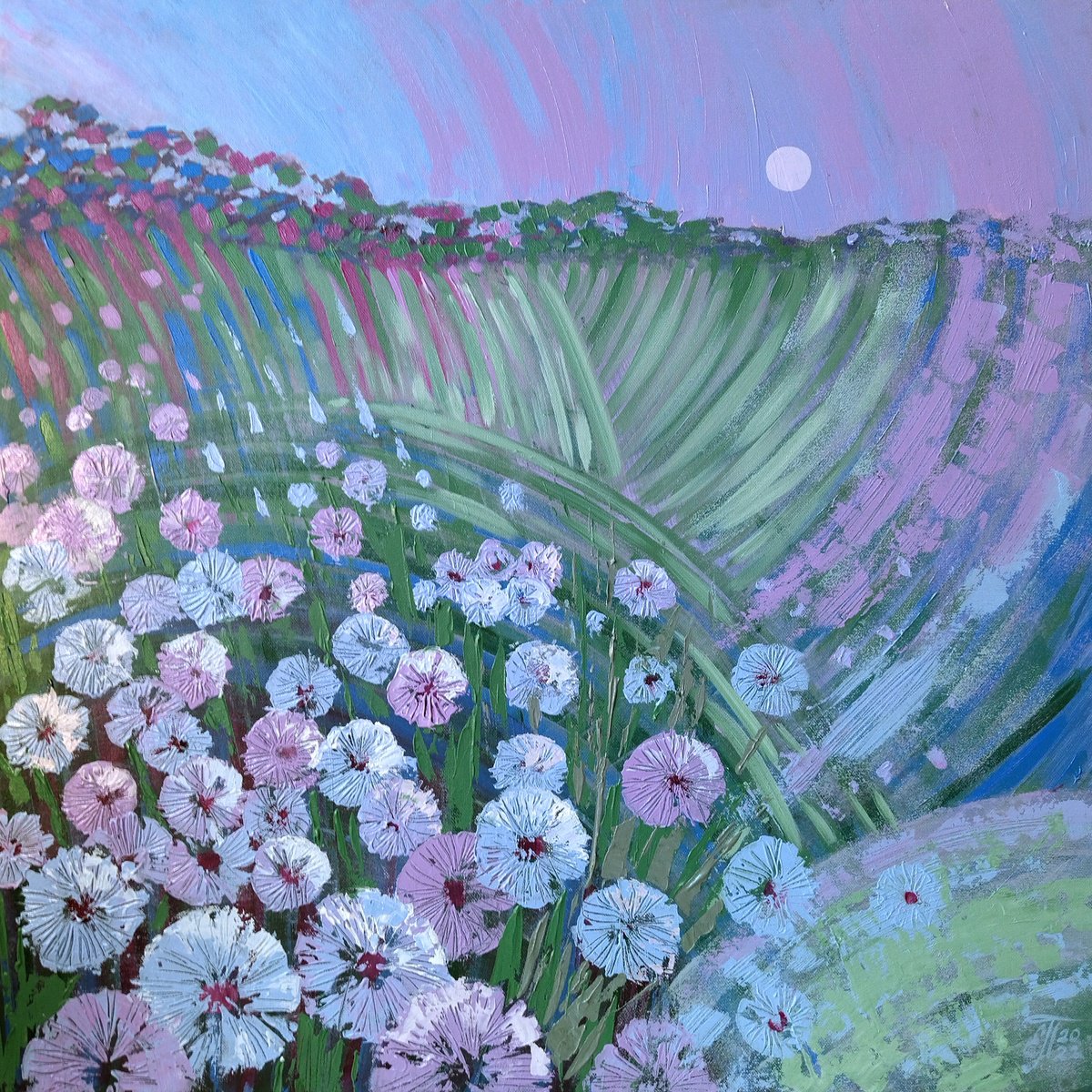 Moon Dandelions - blue purple green abstract landscape by Ekaterina Prisich