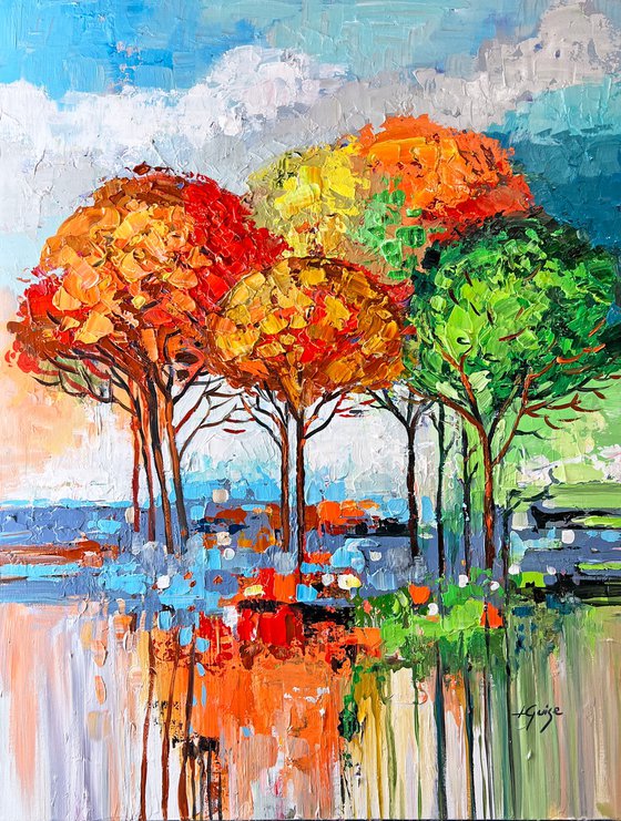 Acrylic Painting Nature Realistic Relief Palette Knife Painting Beautiful  Nature Mountain River Tree Garden Flowers Soft Colors · Creative Fabrica