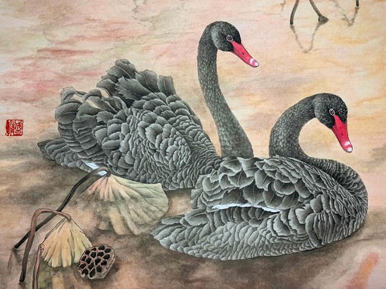 Black Swan, Original Gongbi Brush Painting