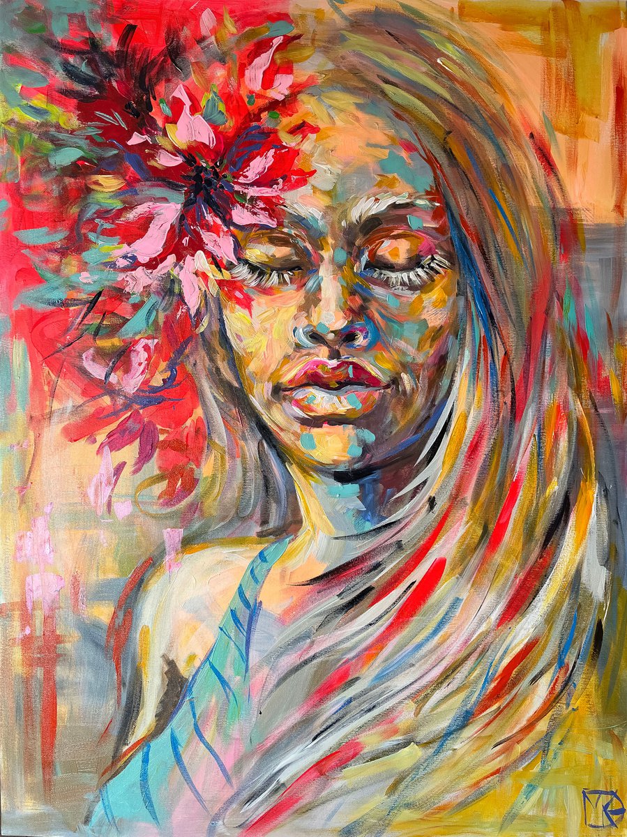 Expressive Portrait Acrylic Painting By Maria Kireev, 35 X 47", Tiger Lily, Original Artwork