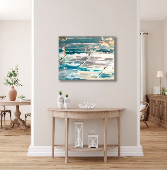 Cold Sea, Abstract Painting Turquoise White Grey Wall Art Abstract Seascape Artwork 90x70 cm ready to hang