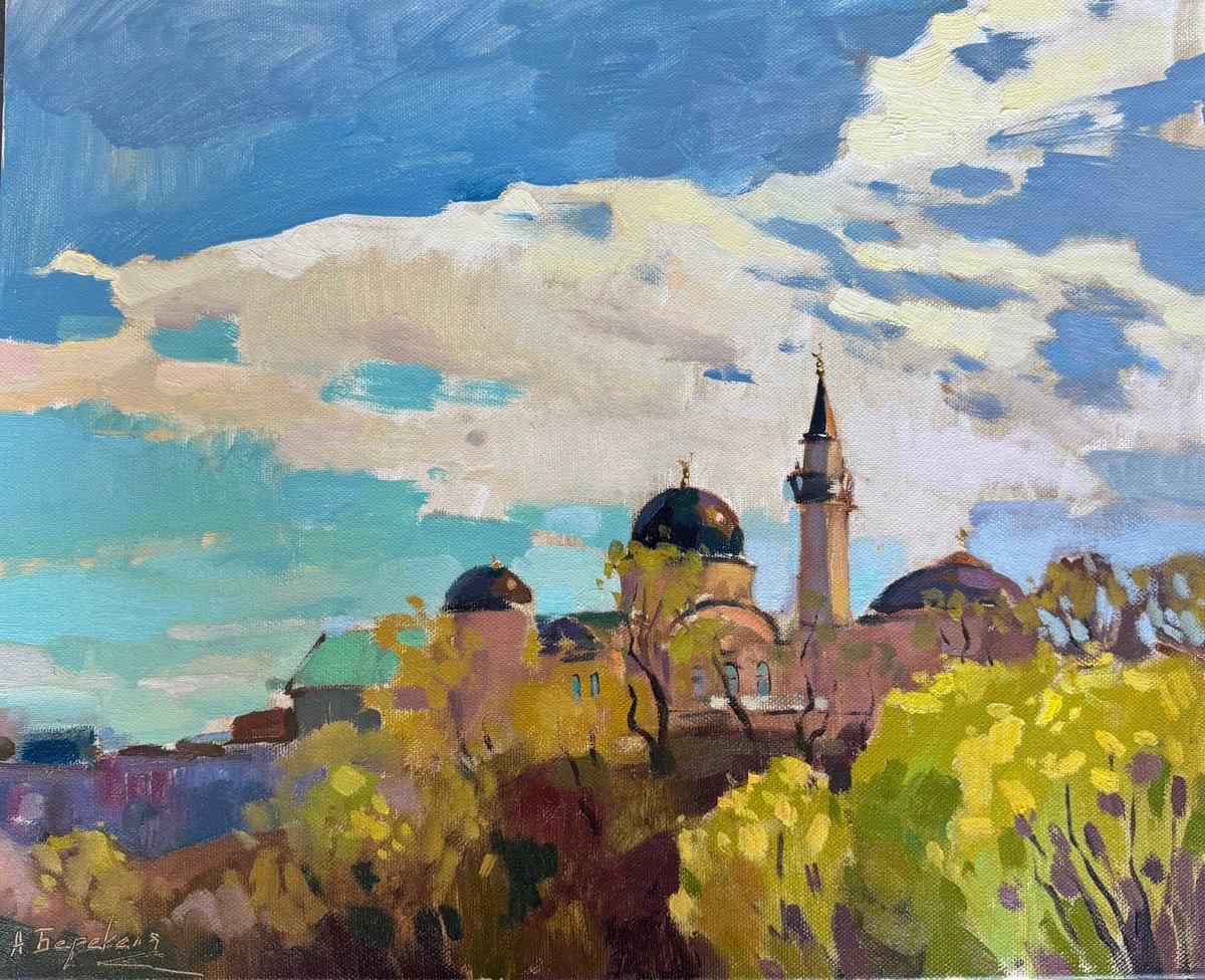 Impressionistic Cityscapes Oil Painting By Andriy Berekelia, 22 X 18, Ar-Rahma In Spring Light, Original Artwork