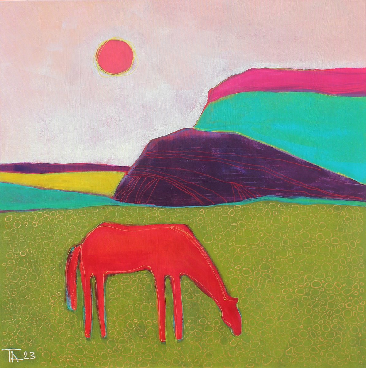 Landscape with a red horse. by Tatjana Auschew