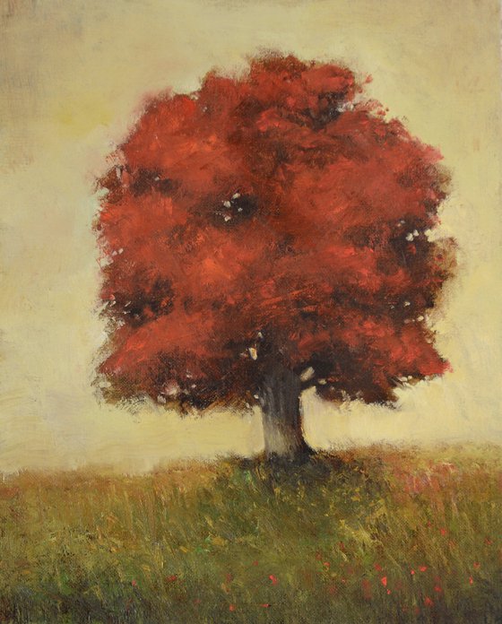 Red Tree 210110, Tonal style impressionist red tree autumn colors