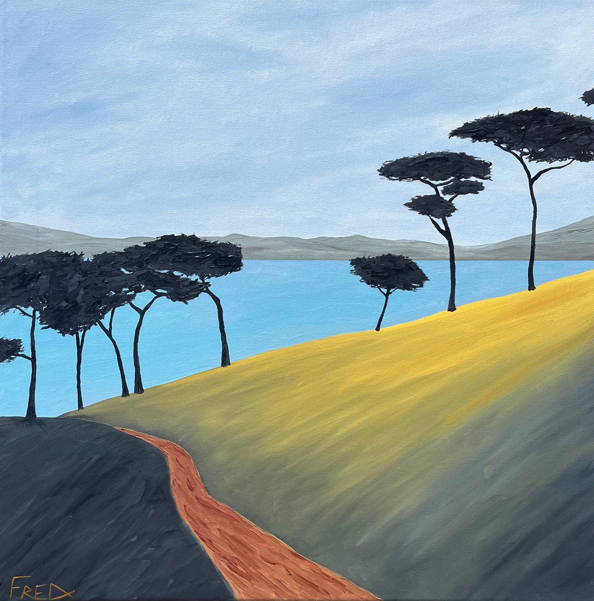 Impressionistic Landscape Oil Painting By Cadiou Frederic, 22 X 22, The Coastal Path, Original Artwork