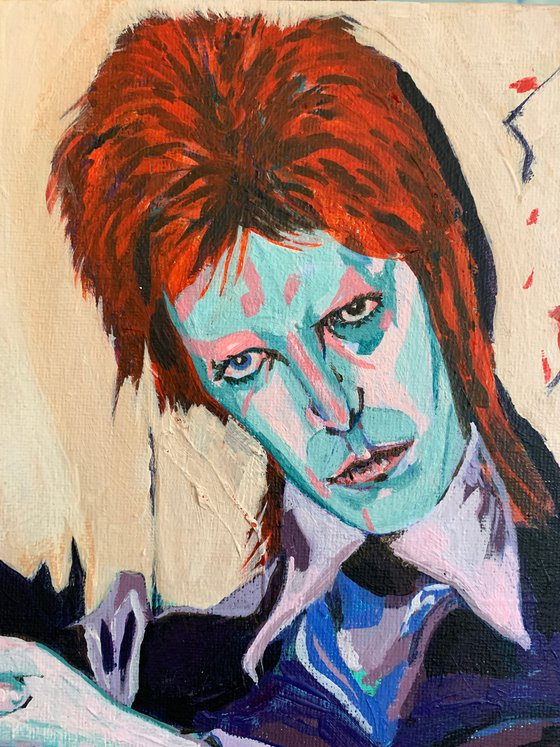 “A Portrait of David Bowie in a purple suit”