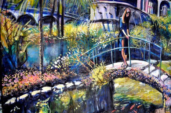 Girl Looking at Goldfishes in Tropical Garden