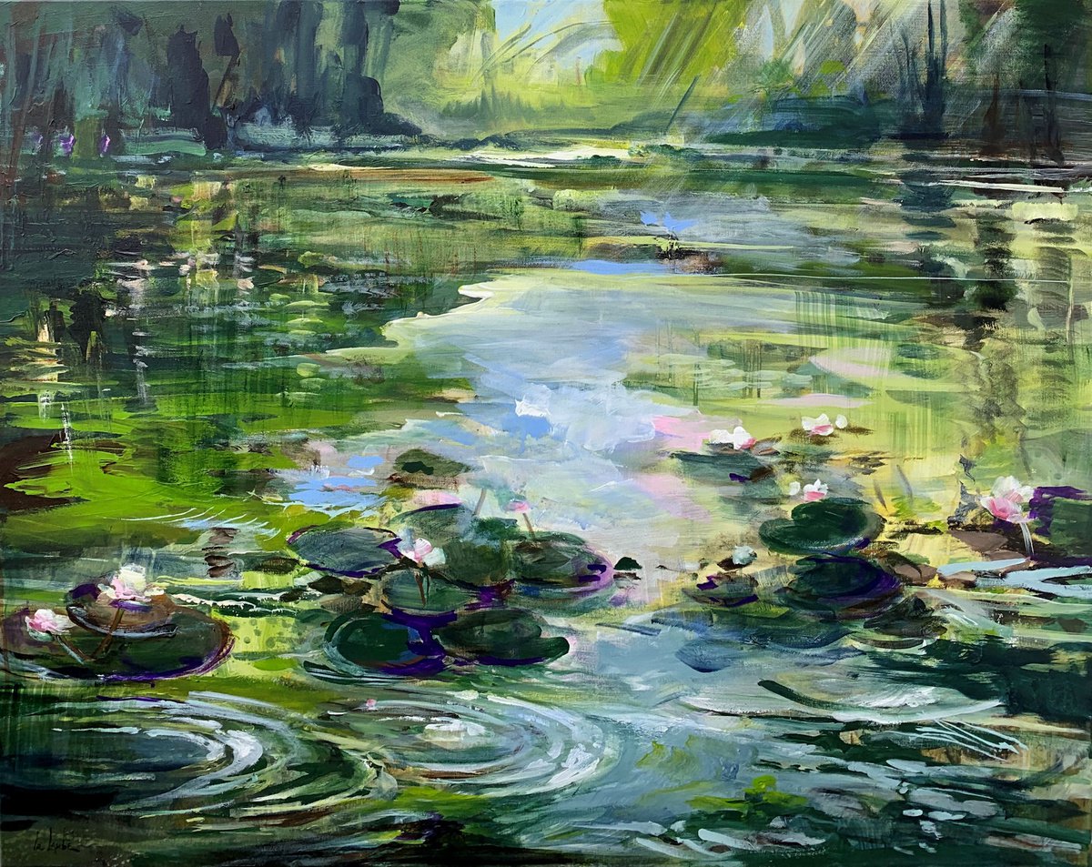 Impressionistic Botanical Acrylic Painting By Irina Laube, 39 X 31, Summer Pond, Original Artwork