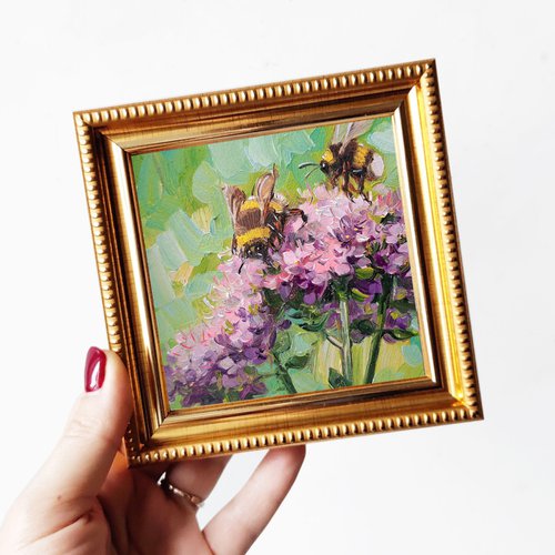 Bumblebee art painting original small framed art, Picture couple bee gifts anniversary art by Nataly Derevyanko