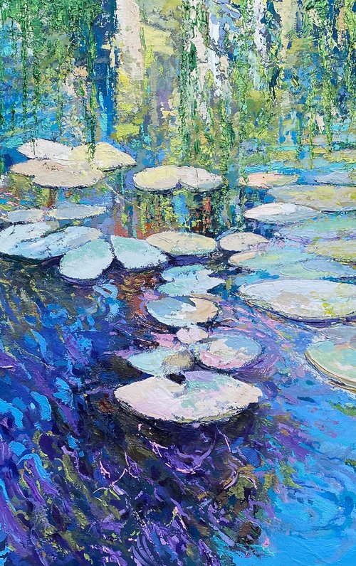 'Water Lilies' Large Impasto Lilly Pad Water Reflections Oil Painting by Simon Jones