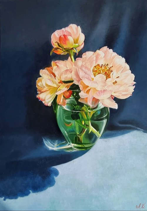 "Coral flashes. " peonies  flower  liGHt original painting  GIFT (2021) by Anna Bessonova (Kotelnik)