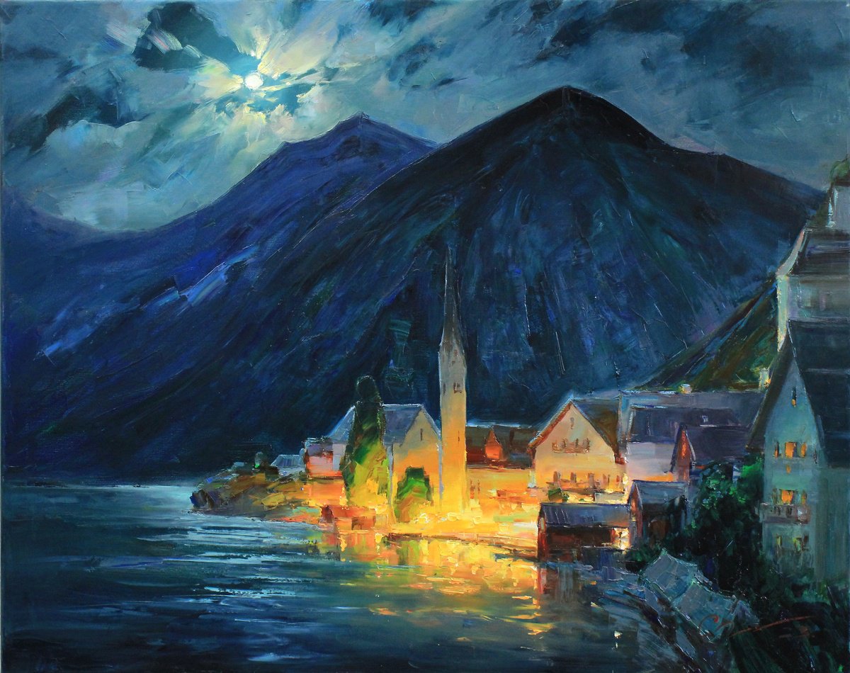 Impressionistic Landscape Oil Painting By Serhii Cherniakovskyi, 39 X 31", Hallstatt, Original Artwork