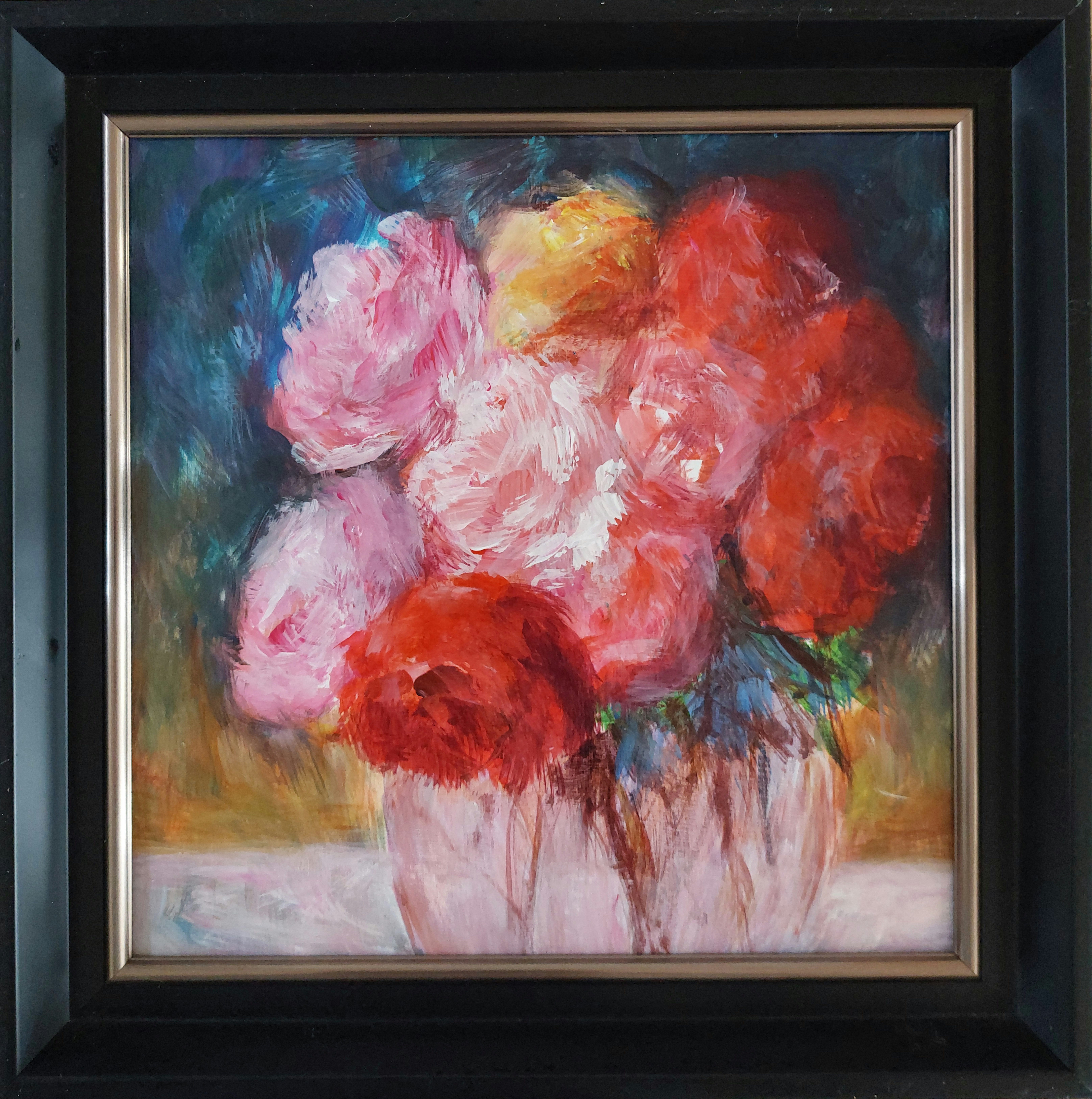 Impressionistic Botanical Acrylic Painting By Els Driesen, 14 X 14, Fresh Roses, Original Artwork