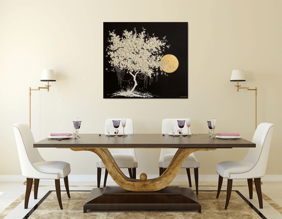 35.5” Blooming White Tree / Large Mixed Media Painting