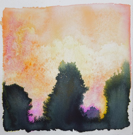 Pink abstract winter landscape - watercolor