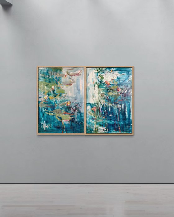 Water lilies. Reflections. Diptych.