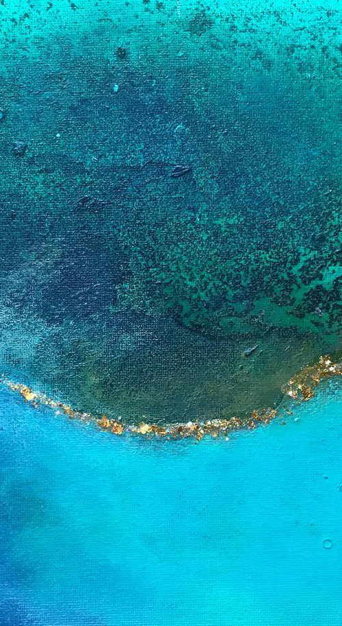 Blue turquoise gold ocean abstract painting by Henrieta Angel