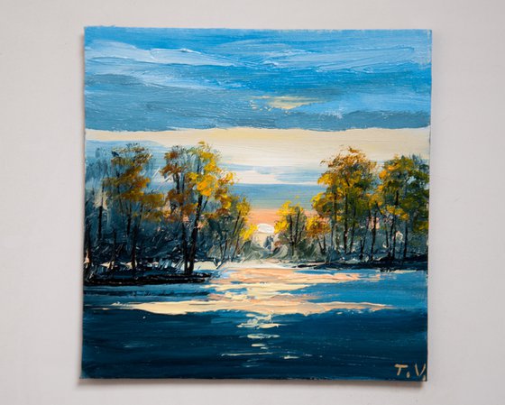 River landscape. Oil painting. Original Art. 6 x 6 in.