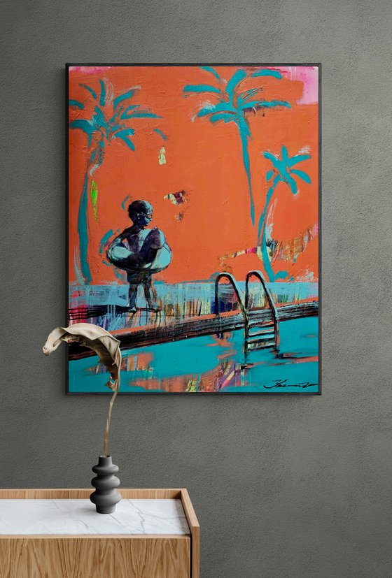 Bright summer painting - "Small swimmer" - Pop Art - Pool - Palms - Landscape - California - Nature - Orange&Blue