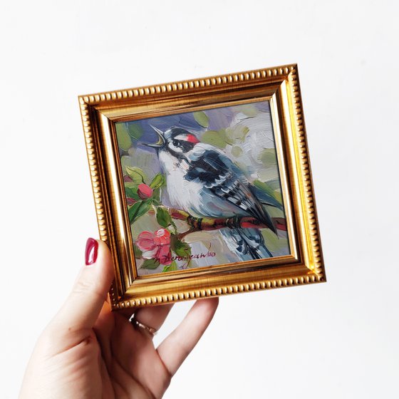 Woodpecker bird on blossom branch, Black white red bird painting oil 4x4 original wall art decor, Art gift housewarming
