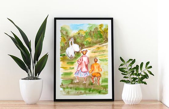 Sisters Painting Kid Original Art Girls and Gooses Small Watercolor Artwork 8 by 12 inches