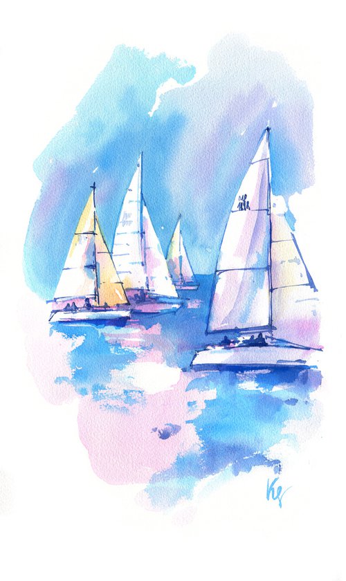 Summer bright landscape "White sailboats on a sunny day" original watercolor painting by Ksenia Selianko