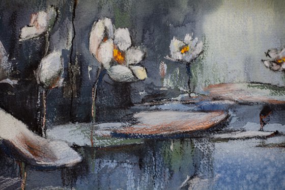 Waterlilies. Mixed media painting. Medium size green moody water monet impressionistic texture interior gift idea