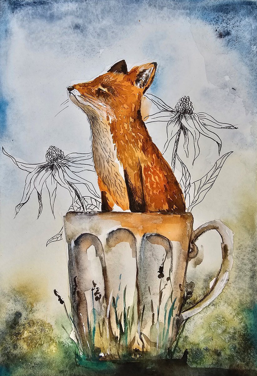 Illustrative Animal Watercolour By Evgenia Smirnova, 8 X 12, Fox In The Cup, Original Artwork
