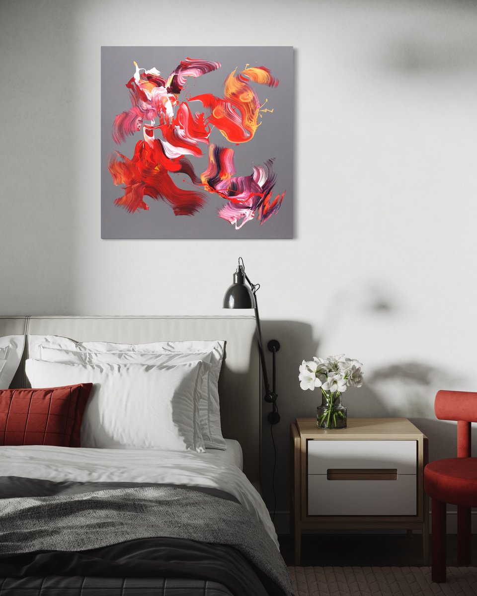 Expressive Abstract Acrylic Painting By Paresh Nrshinga Frsa, 36 X 36", Scarlet Ribbon I, Original Artwork