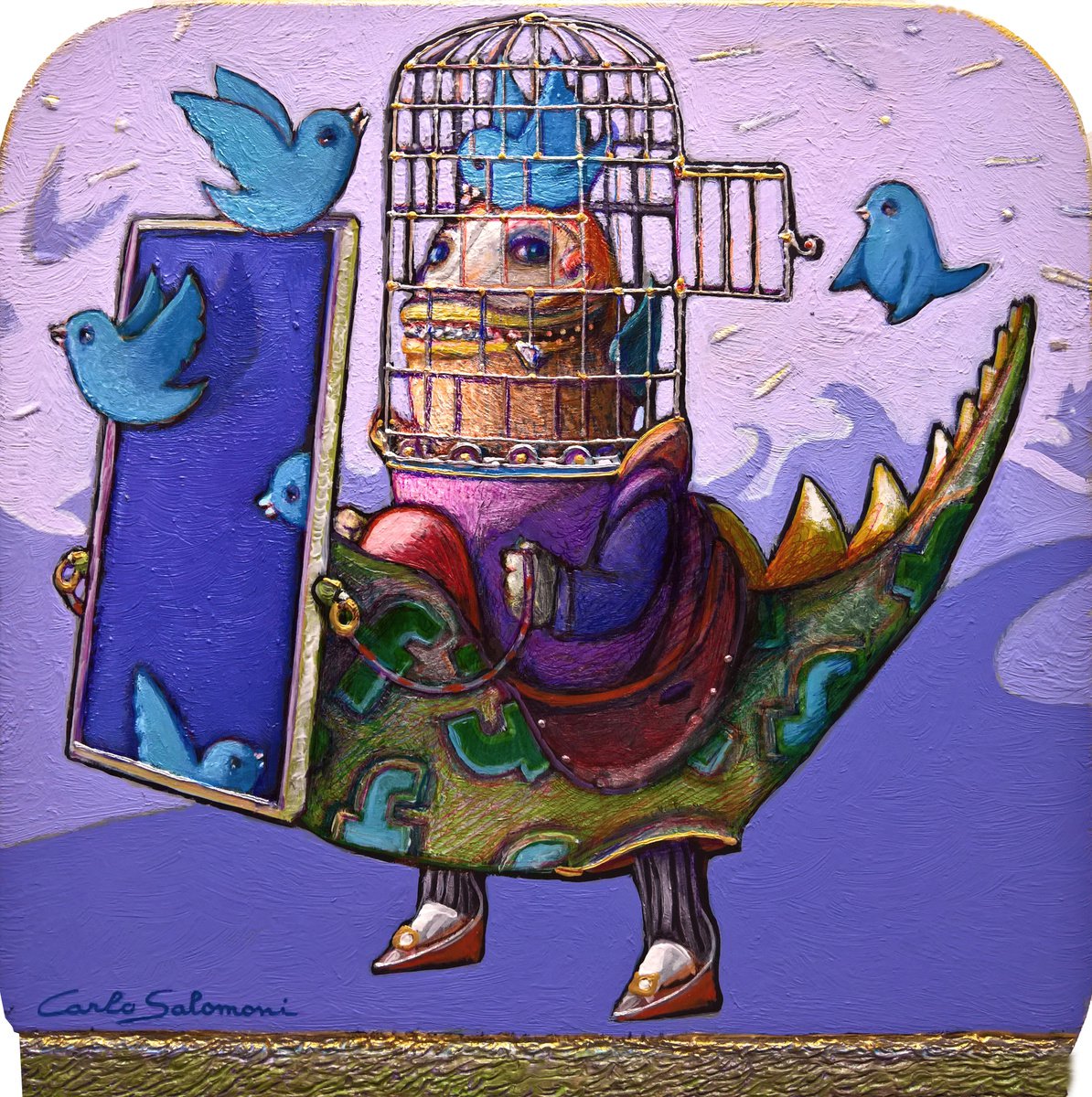 Urban And Pop Animal Painting By Carlo Salomoni, 11 X 11, Mr. Chirpbook And The Open Door, Original Artwork