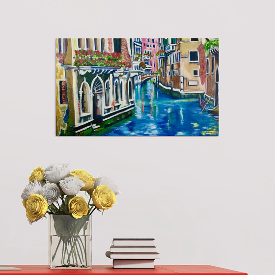 Venice . Canal . Water reflections. View of bridge. On sale.