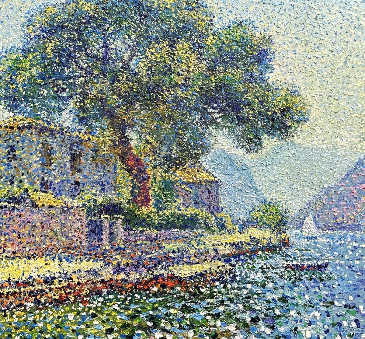 Impressionistic Landscape Oil Painting By Andrii Chebotaru, 30 X 28, Perast Promenade, Original Artwork