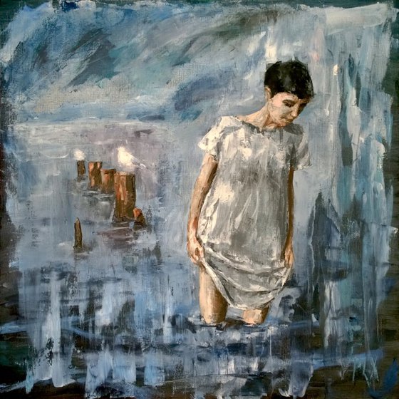 Looking deep, palette knife gestural girl portrait figurative woman walking in the sea with seagull