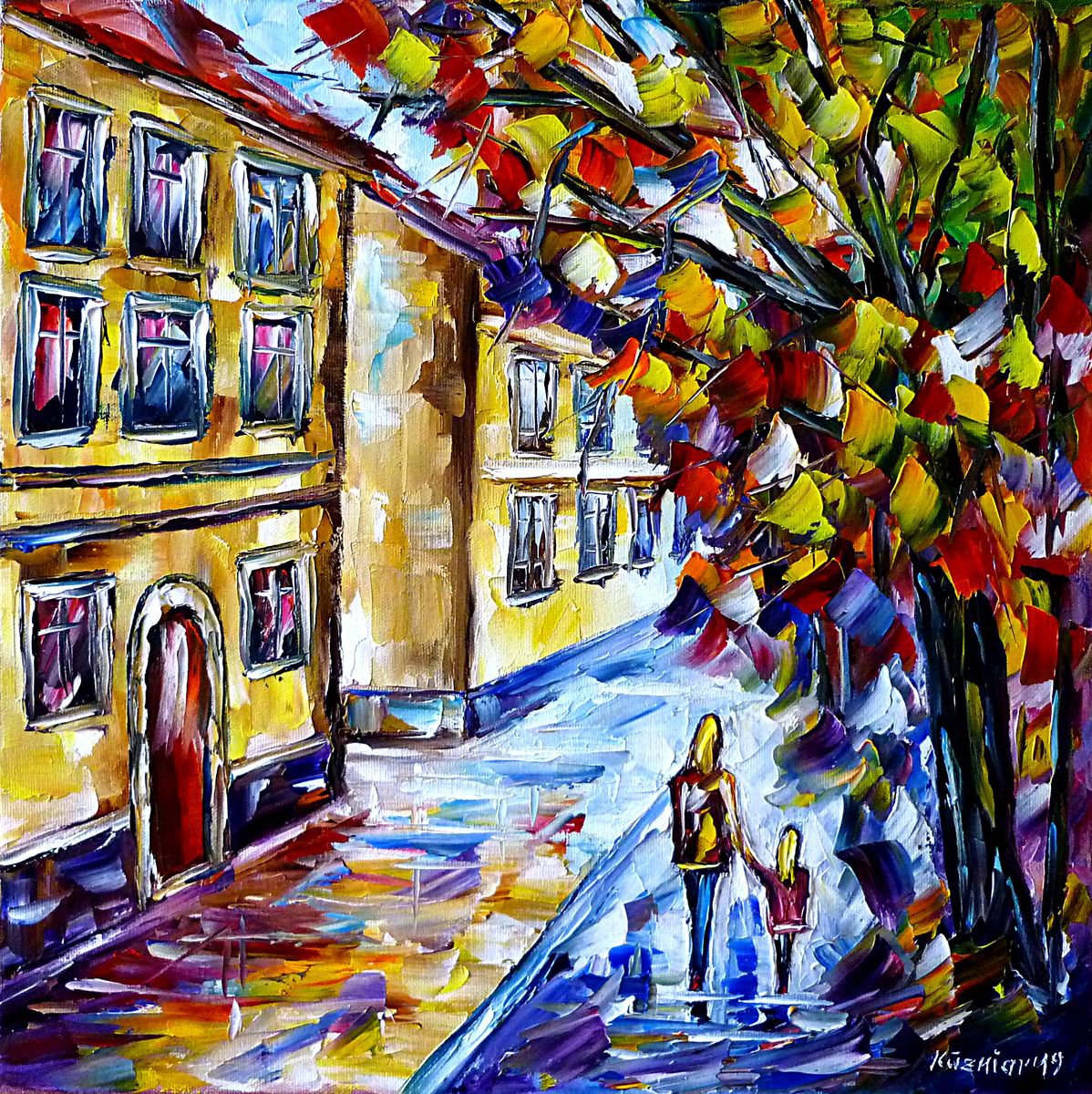 Expressive Cityscapes Oil Painting By Mirek Kuzniar, 16 X 16", Autumn In The City, Original Artwork