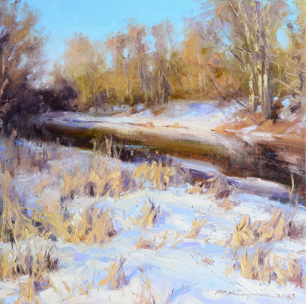 Impressionistic Landscape Oil Painting By Ruslan Kiprych, 12 X 12", Sunny December, Original Artwork