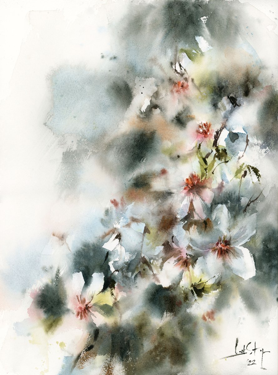 Impressionistic Botanical Watercolour By Sophie Rodionov, 12 X 16", Almond Flowers, Original Artwork
